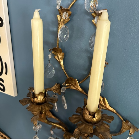 French Empire Style Gilt Metal 2 Candle Wall Sconce with Crystal Teardrops - Picture 5 of 11